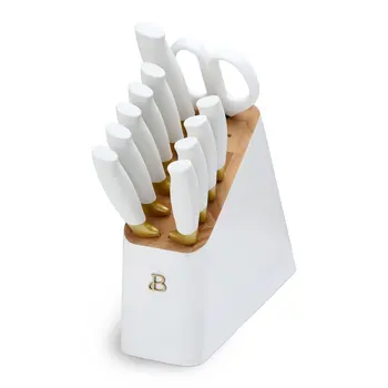 Набор ножевых блоков из 12 предметов с эргономичными ручками с мягким захватом, белый и золотой от Drew Barrymore