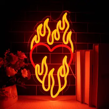 Неоновая Вывеска Heart Fire Love Heart Fire Led Light Heart Flame Неоновая Вывеска Персонализированный Подарок Декор Стен Домашней Комнаты Heart Wall Art Decor