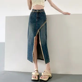Нерегулярная юбка с разрезом в пол-туловища Трапециевидной формы средней длины, прямая, в один шаг, облегающая юбка, повседневная джинсовая юбка с необработанным краем и высокой талией