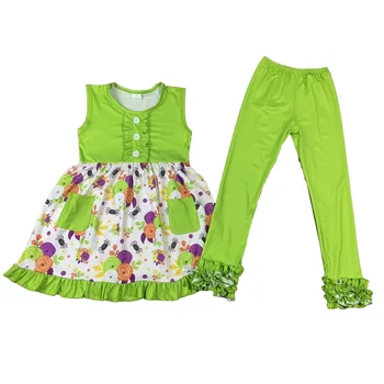 Новая детская одежда без рукавов Костюм с милыми цветами для девочек Зеленые плиссированные брюки с рюшами детская одежда Оптом