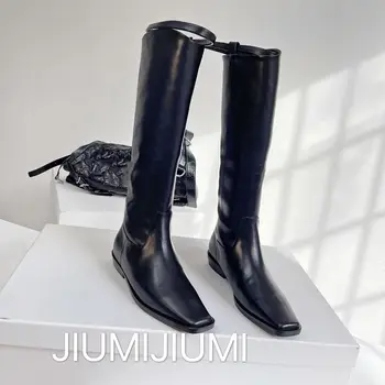 Новинка 2023 года, женская обувь ручной работы JIUMIJIUMI, кожаные сапоги до колена с квадратным носком, женские однотонные лаконичные ботинки для верховой езды без застежки, женские ботинки для верховой езды