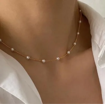 Новое жемчужное ожерелье, короткая цепочка на ключицу, простое жемчужное ожерелье, колье-чокер.