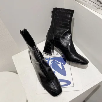 Новые осенне-зимние женские ботинки с модным каменным узором на квадратном каблуке, тонкие женские ботинки на высоком каблуке