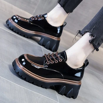 Новые туфли-лодочки на массивной платформе в британском стиле, Женские весенние лоферы на толстом каблуке со шнуровкой, Женские туфли из лакированной кожи с круглым носком