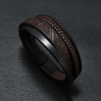 Новый минималистичный кожаный браслет с принтом в полоску, мужской браслет из сплава с магнитной пряжкой, популярные украшения для рук, панк-браслет, ювелирные изделия