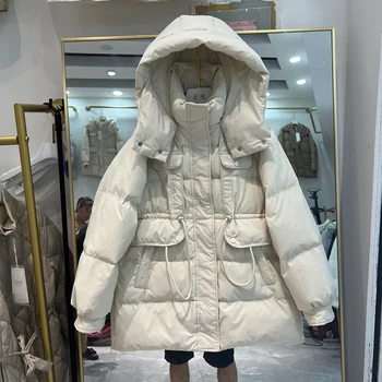 Новый пуховик для женщин, Зима 2023, Длинный рукав с капюшоном, Тонкое утолщенное Корейское повседневное Теплое пальто на Белом Утином пуху L357