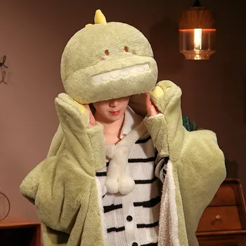 Носимое одеяло с капюшоном, плюшевые теплые одеяла с мультяшным зеленым динозавром, Милая Шаль с перчатками, Детское одеяло с кондиционером для взрослых
