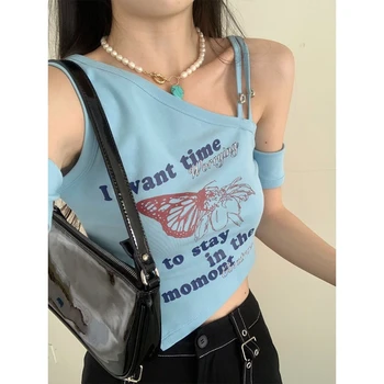 Облегающая футболка Design Sense, Женская летняя Нерегулярная футболка с открытыми плечами, Короткий топ с вырезом до Пупка, Топ Tide Y2k, женская одежда