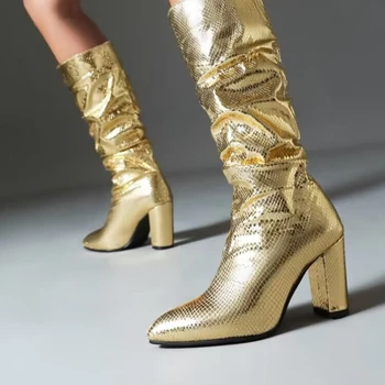 Обувь для женщин 2023, Высококачественные женские ботинки без застежки, модные однотонные современные ботинки, женские пикантные туфли на высоком каблуке до середины икры с острым носком
