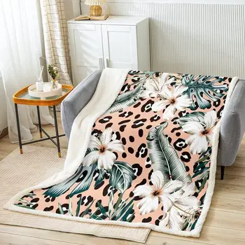 Одеяло из шерпы с пальмой, Леопардовое Детское Флисовое Покрывало, Плюшевое одеяло с цветочным рисунком и ботаническим рисунком для кровати, дивана, комнаты для мальчиков