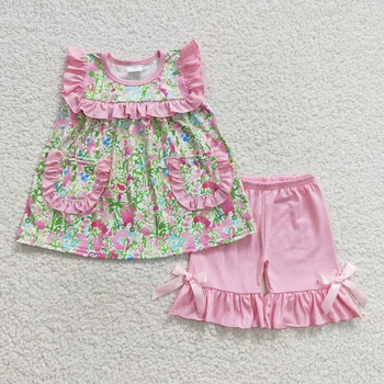 Оптовая продажа Детской одежды в цветочек, Летняя туника с карманами для маленьких девочек, Розовые хлопчатобумажные шорты с рюшами, Цветочный комплект одежды для Малышей, Бутик-комплект