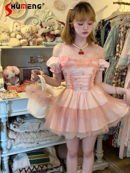 Оригинальное сетчатое короткое платье с воротником-стойкой Sweet Girl, розовые розы, летние мини-платья на бретельках в стиле 