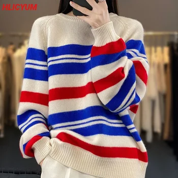Осенне-зимний Новый Женский пуловер, повседневная полосатая трикотажная свободная блузка с круглым вырезом, Корейский модный топ из 100% шерсти, элегантный и универсальный
