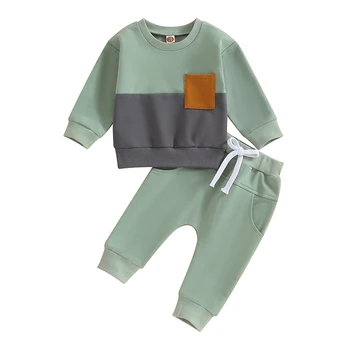 Осенне-зимняя одежда для маленьких мальчиков контрастного цвета, пуловер с длинным рукавом и круглым вырезом, толстовка, топы, брюки, одежда для новорожденных