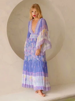 Осеннее новое модное элегантное длинное платье нежно-фиолетового цвета 2023 года, контрастное симметричное платье-клеш с V-образным вырезом, длинным рукавом и запахом на талии для женщин