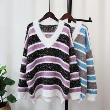 Осень Зима, Новый Корейский Свободный Женский свитер, Пуловер, ретро Дизайн, Вязаный топ в ленивом стиле, Джемпер