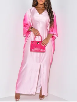 Очаровательные Розовые Свободные Макси-платья для женщин, сексуальное платье с V-образным вырезом и рукавом 