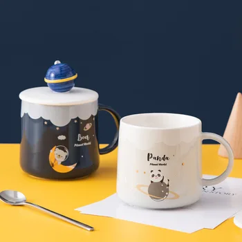 Пара кружек lovely planet креативная керамическая крышка для чашки и ложка кофе чай молоко офисная чашка для завтрака изысканный подарок