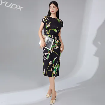 Платье YUDX Miyake 2023, Летнее Новое Женское модное платье с темпераментным принтом, Круглый вырез, ремень средней длины, Тонкая юбка в складку в стиле ретро