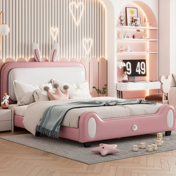 Полноразмерная мягкая кровать принцессы в форме кролика, полноразмерная кровать-платформа с изголовьем и изножьем, для мебели для гостиной