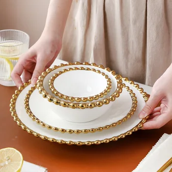 Посуда в скандинавском стиле, Керамическая тарелка для ужина с золотым бисерным ободком, Круглая Сервировочная посуда для десерта, закусок, Супа, салатницы, поднос для закусок