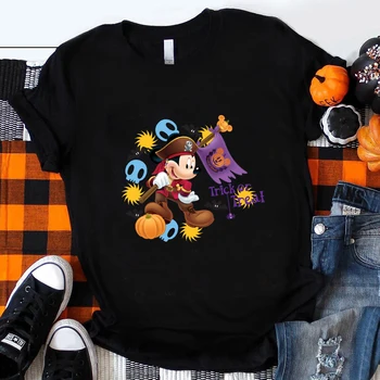 Праздничная одежда Диснея, футболка с забавным Микки на Хэллоуин, модные топы в стиле харадзюку с коротким рукавом, черная уличная одежда, бесплатная доставка