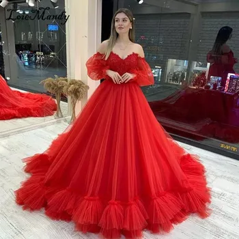 Пышные тюлевые красные платья для выпускного вечера 2023, Очаровательные платья для вечеринок с длинными рукавами для женщин, кружевное платье с аппликацией для официальных мероприятий