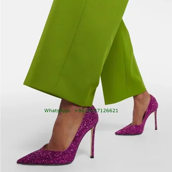 Разноцветные туфли-лодочки на шпильке с острым носком, большого размера, женские туфли без застежки на высоком каблуке