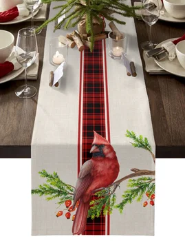 Рождественская Красная Клетчатая Настольная дорожка Cardinal Bird Рождественский Декор Обеденного стола Льняные Скатерти Свадебный Декор Скатерти