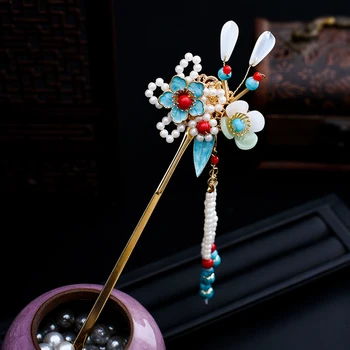 Роскошная китайская шпилька для волос, металлическая вилка с кисточками в этническом стиле, синий хрустальный пучок для волос, винтажные диадемы Hanfu, подарок