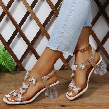 Сандалии женские Летние Новые модные женские туфли с блестящими цветами-бабочками, прозрачные босоножки со стразами с открытым носком, женская обувь