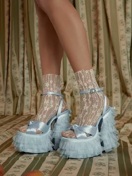 Сетчатые плиссированные сандалии с узлом, открытый носок, однотонные босоножки на платформе, Новые женские туфли на толстом высоком каблуке с пряжками и ремешками, летняя обувь для вечеринок