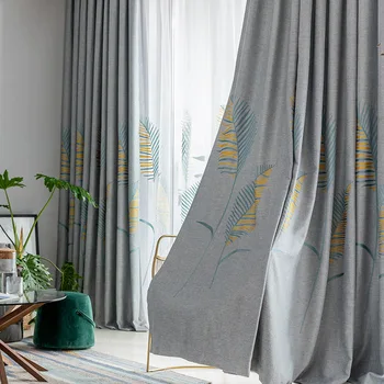 Современный скандинавский шторы для гостиной столовой утолщенной белье занавес спальня вышитые серый желтые листья занавес дома на заказ