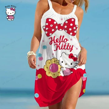 Спагетти-бретелька без рукавов с принтом Hello Kitty, открытая спина, большие размеры, свободные платья Макси, Длинное летнее пляжное платье Vestido для женщин