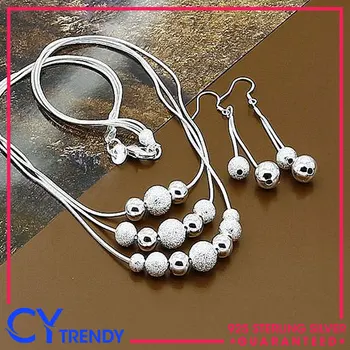 Стерлингового серебра 925 пробы Тройная линия В стиле бобовых шариков, ожерелья с подвесками, Серьги, ювелирный набор