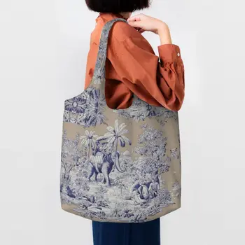Темно-синий Toile De Jouy с французским мотивом, сумки-тоут для покупок, женская холщовая сумка для покупок на плечо, вместительные сумки