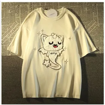 Хлопковая американская винтажная футболка с вышивкой Little Cute с коротким рукавом для мужчин и женщин, летний свободный универсальный топ с коротким рукавом