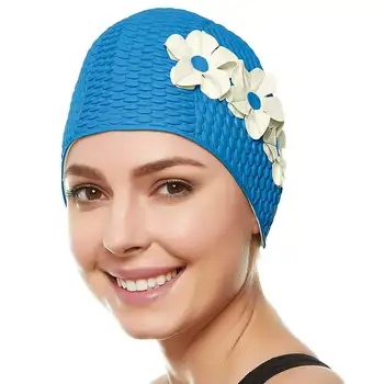 Шапочки для купания для женщин и девочек - Купальная шапочка из латексного крепа в ретро-стиле с тройными цветами для длинных / коротких волос