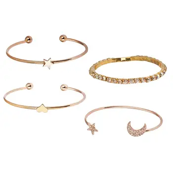 Элегантные открытые браслеты-манжеты из 4шт, нежный набор браслетов со стразами в виде звезды для женщин и девочек