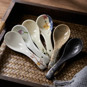 Японская Керамическая Суповая ложка, Десертные ложки для каши, рисовая ложка для рамена в стиле Ретро, Ресторанная Бытовая Кухонная посуда