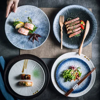 Японская тарелка для обжига в комплекте Синяя посуда Круглые Керамические тарелки для еды Набор обеденных тарелок для еды Миска Ложка